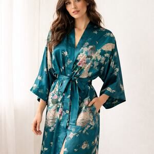 Old Shanghai Silky Kimono Robe Blue Floral Satin Belted One Size